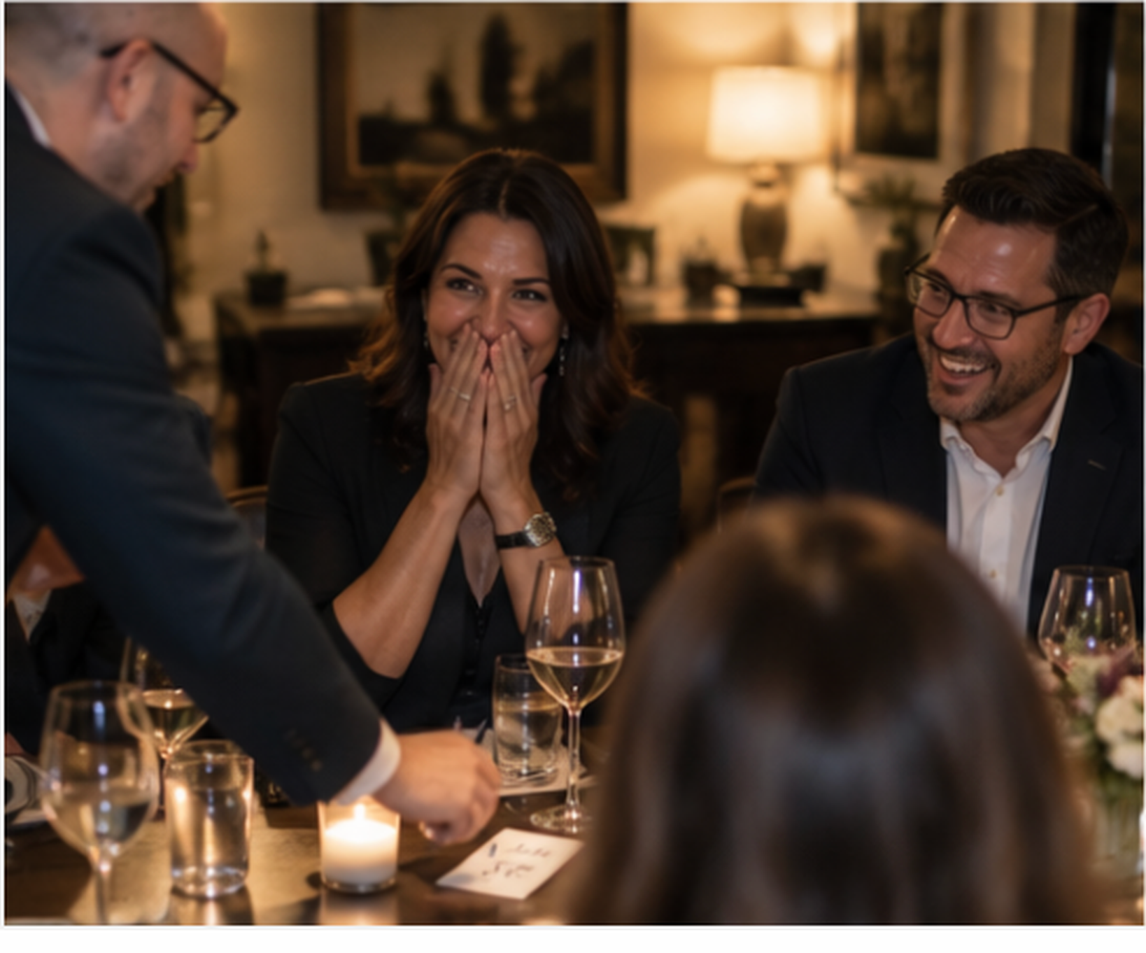 Guests reacting to Michael Bourada at a private celebration